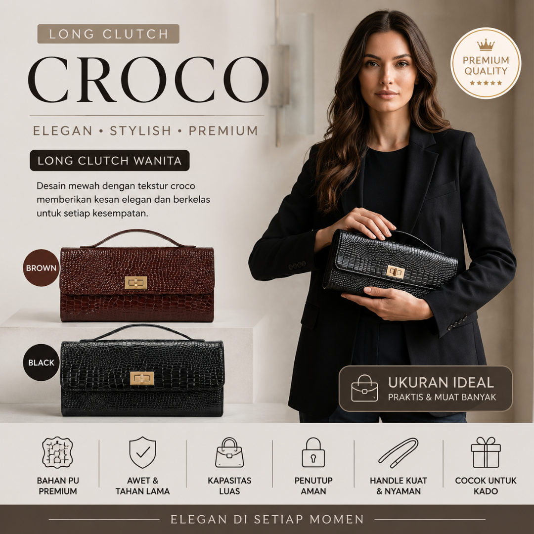 [TOTEBAG] Long Clutch Croco Tas Wanita Elegan Anti Air Fashionable – Handbag Praktis untuk Acara Formal & Santai
