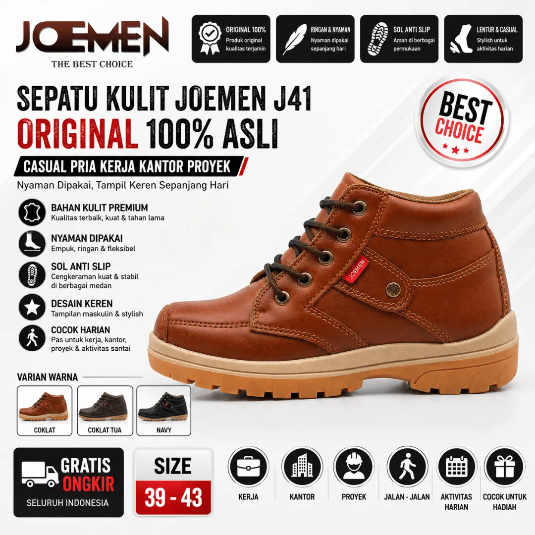 [JOEMEN] Sepatu Kulit Pria Original Casual Kerja Kantor Proyek Anti Slip Ringan Empuk Joemen J41
